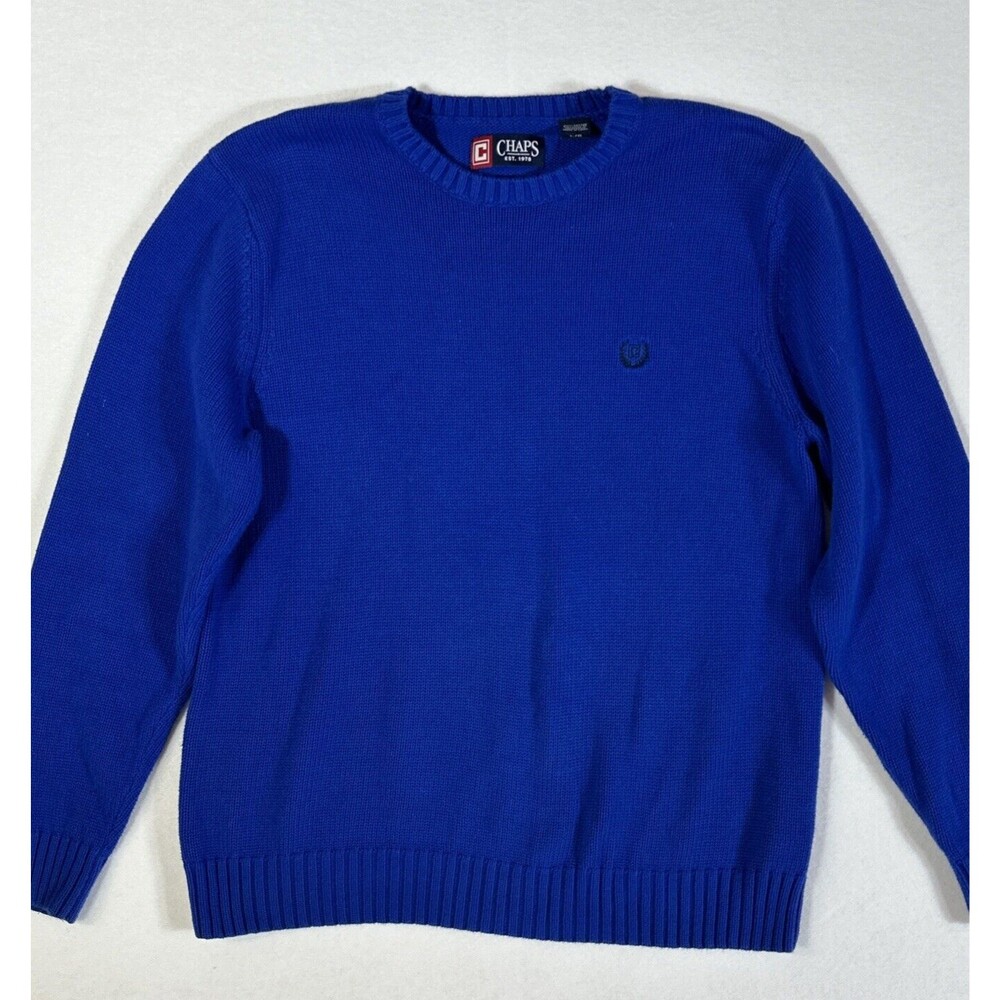 Chaps Sweater Mens Large Royal Blue Crew Neck Knit Thick Cotton Embroidered